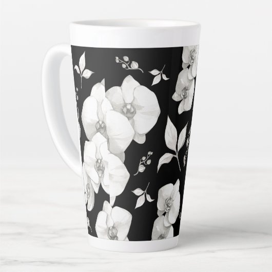 Waterverf Witte Orchidee op Zwart | Latte Mok (Linkerhoek)