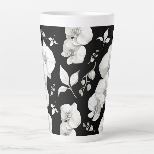 Waterverf Witte Orchidee op Zwart | Latte Mok (Voorkant)