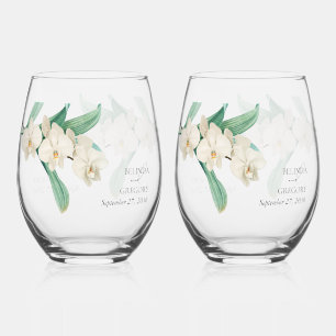 Waterverf Witte Orchideeën Bloemige Trouwcadeau Wijnglas Zonder Voet