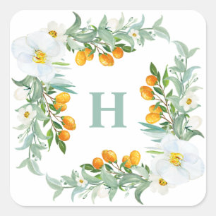 Waterverf Witte Orchideeën en Kumquats Monogram Vierkante Sticker