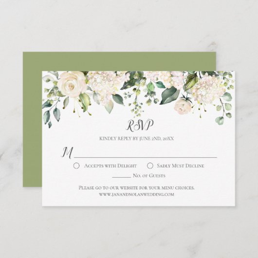 Waterverf Witte Pioenrozen en Rozen Groenery RSVP (Voorkant / Achterkant)