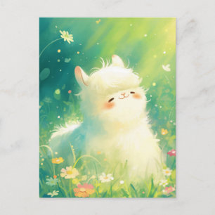 Waterverf Witte Pluizige Alpaca in Zonnig Weiland Briefkaart