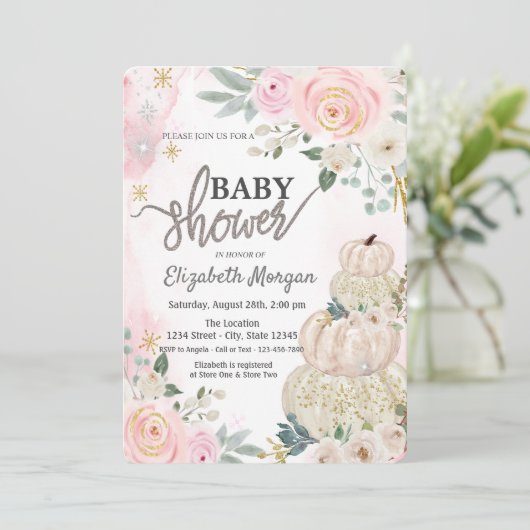Waterverf Witte Pompoenen Bloemen Baby Shower Kaart (Staand voorkant)