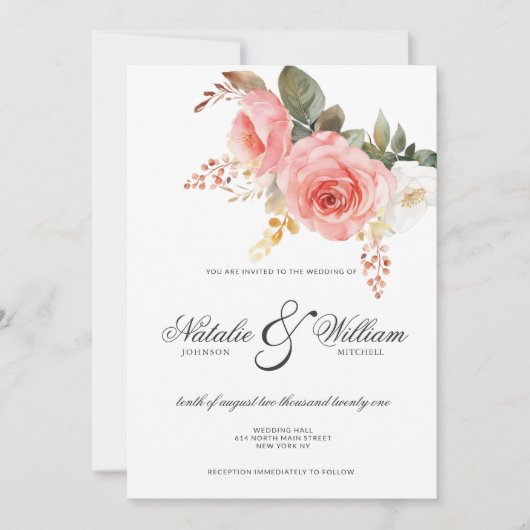 Waterverf witte roze koraalrozen bloemige bruiloft kaart (Voorkant)