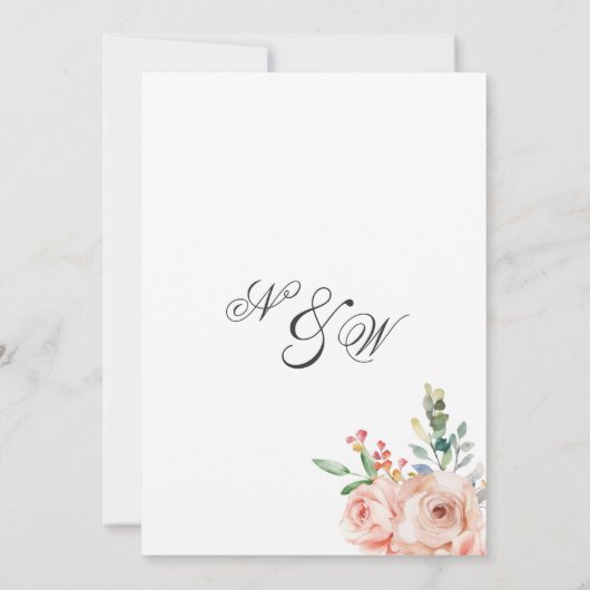 Waterverf witte roze koraalrozen bloemige bruiloft kaart (Achterkant)