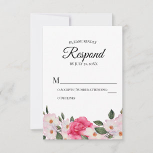 Waterverf witte roze rozen weduwschap RSVP Antwoor Kaartje