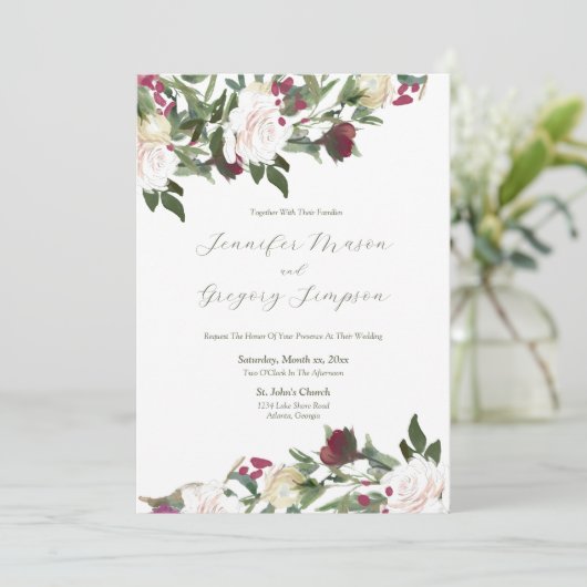 Waterverf witte rozen, cranberry bloemen bruiloft kaart (Staand voorkant)