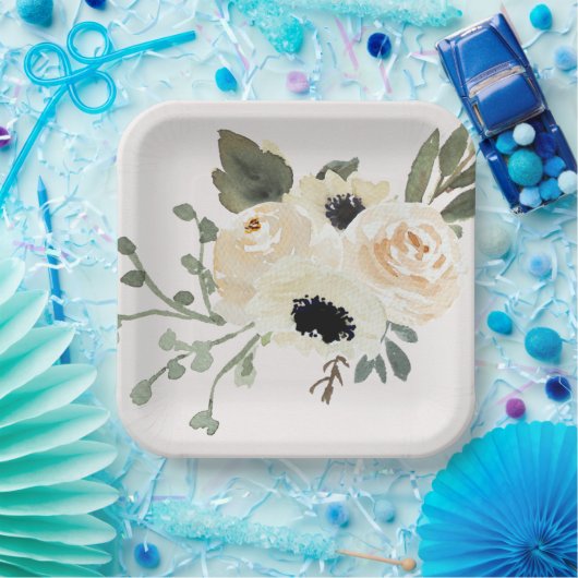 Waterverf witte rozen papieren bordje (Feest)