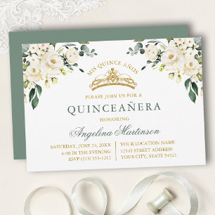 Waterverf Witte Rozen Saliegroen Gouden Quinceaner Kaart