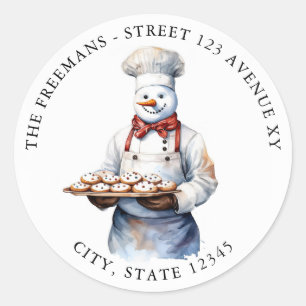 Waterverf Witte Sneeuwman Chef Funny Christmas Ronde Sticker