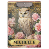 Waterverf  Witte Uil en Roze Rozen Klembord (Voorkant)
