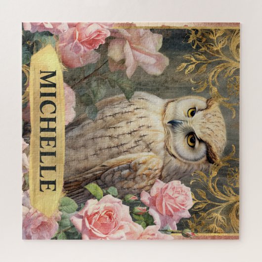 Waterverf  Witte Uil en Roze Rozen Legpuzzel (Horizontaal)
