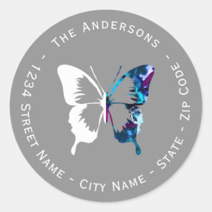 Waterverf & witte vlinder retour adreslabel ronde sticker