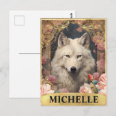 Waterverf Witte Wolf en Roze Rozen Briefkaart (Voorkant / Achterkant)