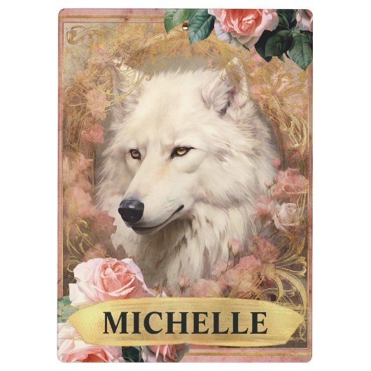 Waterverf  Witte Wolf en Roze Rozen Klembord (Achterkant)