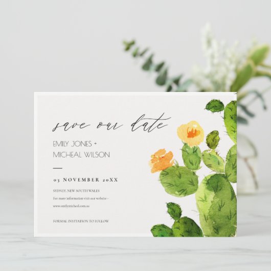 WATERVERF WOESTIJN CACTUS BLOEM  BEWAAR DE DATUM SAVE THE DATE (Staand voorkant)