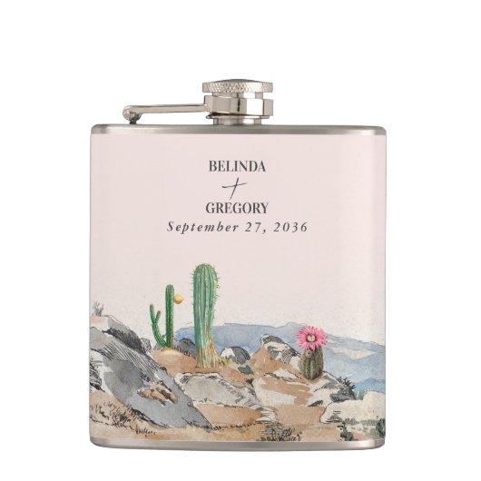 Waterverf Woestijn Cactus Boho Bruiloft Heupfles (Voorkant)