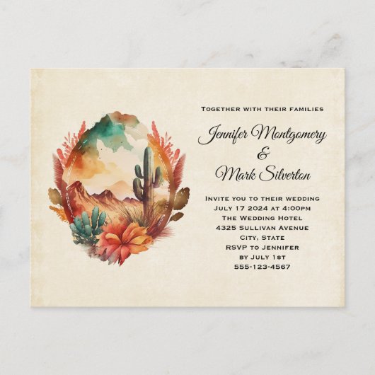 Waterverf woestijn cactus en bergen bruiloft uitnodiging briefkaart (Voorkant)