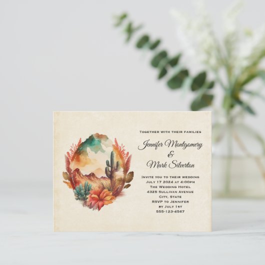 Waterverf woestijn cactus en bergen bruiloft uitnodiging briefkaart (Staand voorkant)