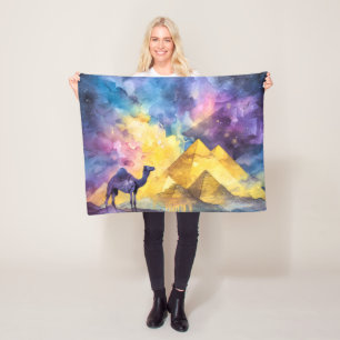 Waterverf Woestijn Sterrenstelsel Kameel Piramide Fleece Deken