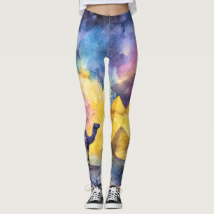Waterverf Woestijn Sterrenstelsel Kameel Piramide Leggings
