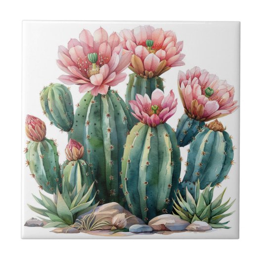 Waterverf woestijnbloemen cactussen. tegeltje (Voorkant)