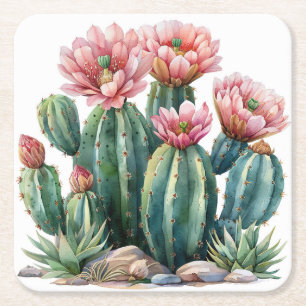 Waterverf woestijnbloemen cactussen. vierkante kartonnen onderzetter