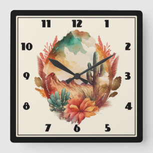 Waterverf woestijncactus en bergen vierkante klok