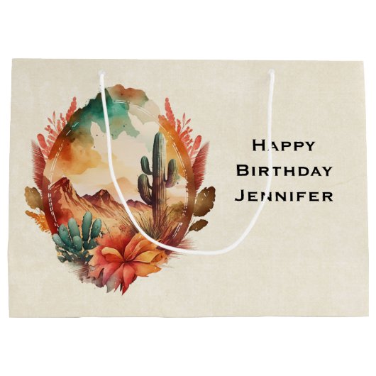 Waterverf woestijncactus en gebergte verjaardag groot cadeauzakje (Achterkant)