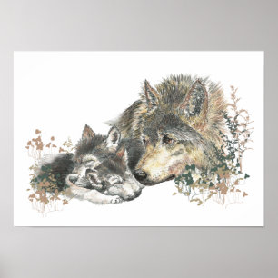 Waterverf Wolf & Cub Animal Art Poster