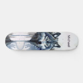 Waterverf Wolf Head Dusty Blue Skateboard (Horizontaal)