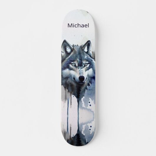 Waterverf Wolf Head Dusty Blue Skateboard (Voorkant)