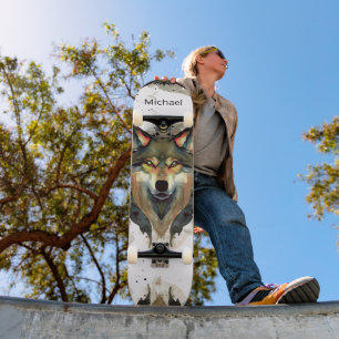 Waterverf Wolf Head Warm Tones Monogram Skateboard