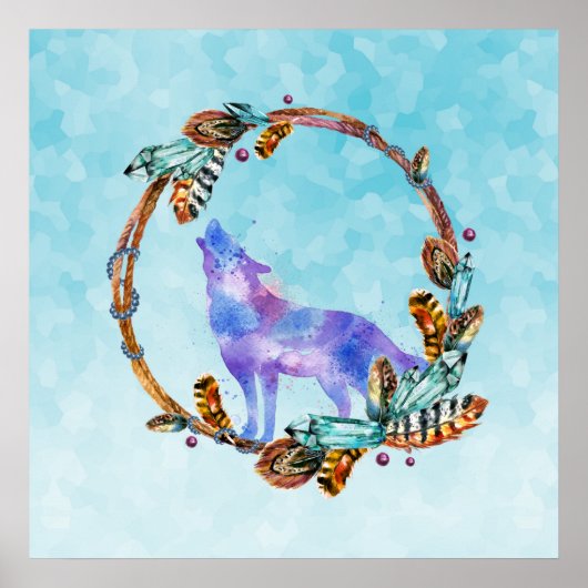 Waterverf Wolf Howling in een Boho Style Wreater Poster (Voorkant)