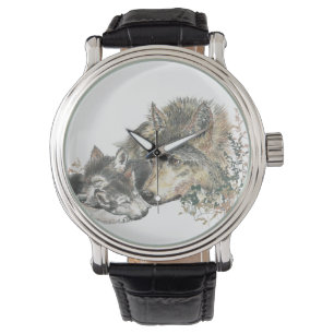 Waterverf Wolf Mam & Cub Dier Natuur Kunst Horloge