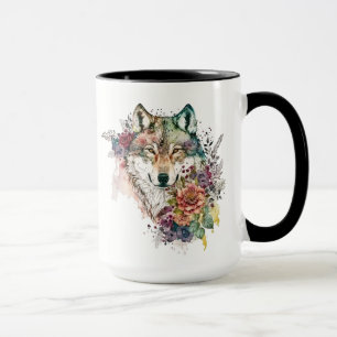 Waterverf Wolf met bloemen in Natuur Mok
