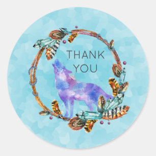 Waterverf Wolf met een Boho Style Wreath Dank je Ronde Sticker
