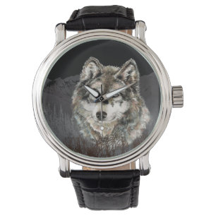 Waterverf Wolf Mountain Animal Natuur Kunst Horloge