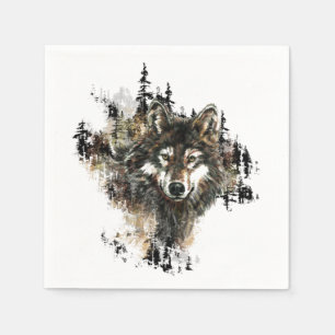 Waterverf Wolf Mountain Animal Natuur kunst Servetten