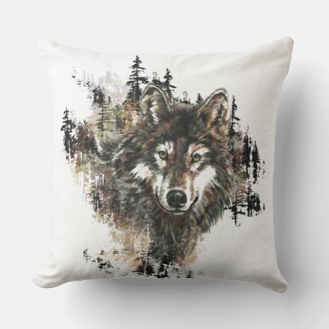 Waterverf Wolf Mountain Wilderness Animal Art Buitenkussen (Voorkant)