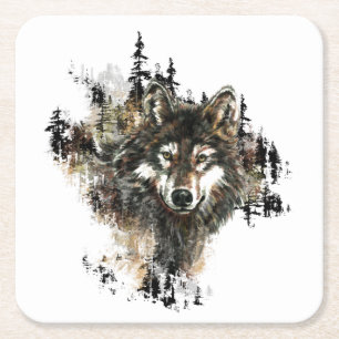 Waterverf Wolf Mountain Wilderness Animal Art Vierkante Kartonnen Onderzetter