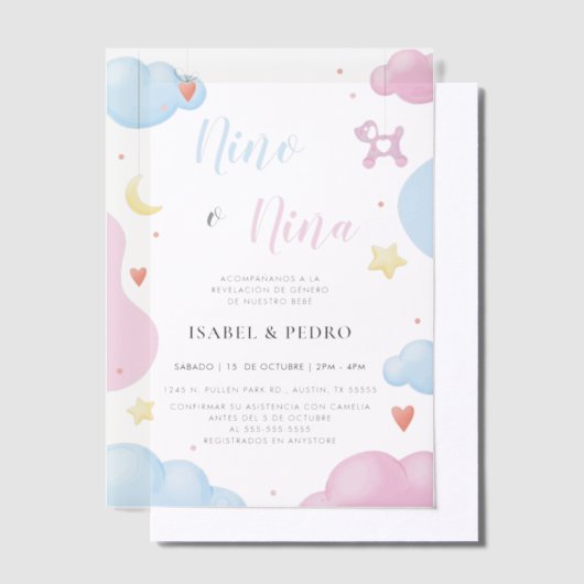 Waterverf Wolken & Sterren Spaans Geslacht Onthull Vellum Uitnodigingen (Offset)