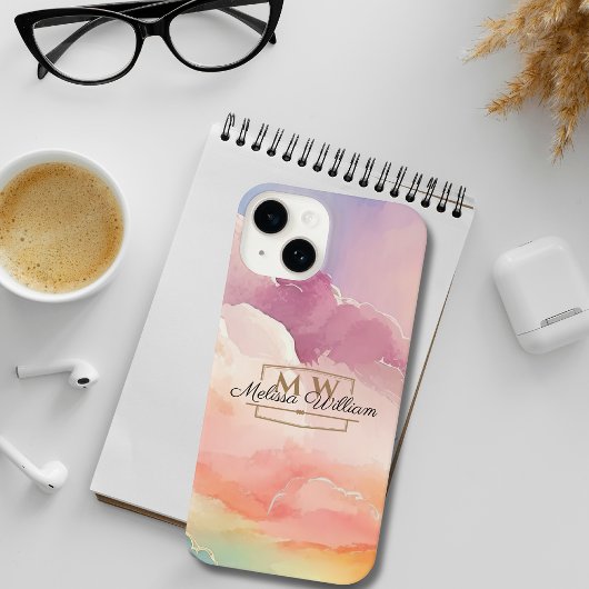 Waterverf Wolken Zwart Goud Monogram Naam Script iPhone Hoesje