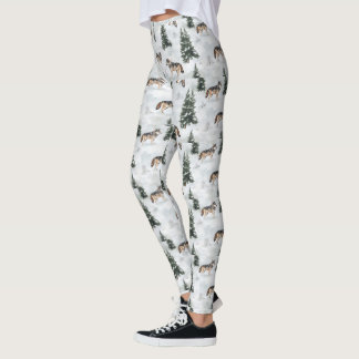 Waterverf Wolves Sneeuw Bedekte Dennenbomen Leggings