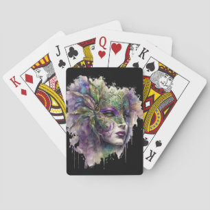 WATERVERF WOMANS FACE MET MARDI GRAS MASK POKERKAARTEN