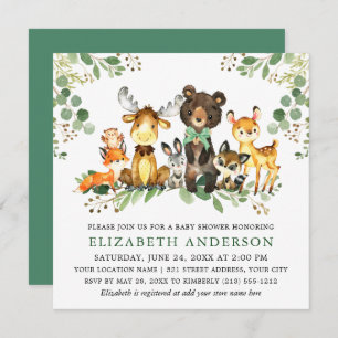 Waterverf Woodland Animals Bow Baby shower Square Kaart