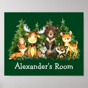 Waterverf Woodland Animals Forest Trees Green Poster