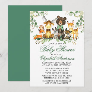 Waterverf Woodland Animals Green Bow Baby shower Kaart