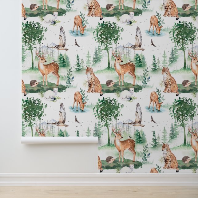 Waterverf Woodland Baby Animal Pattern Behang (Applicatie)