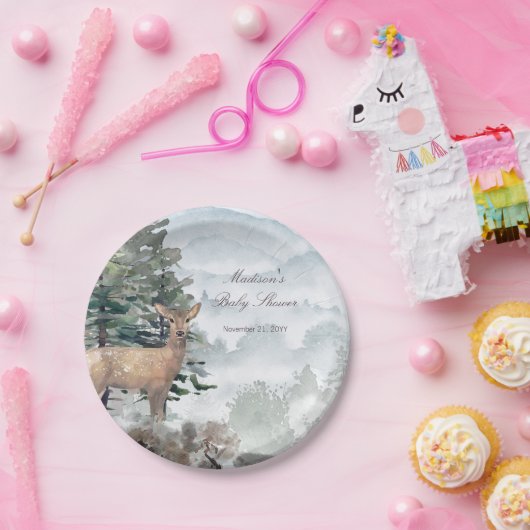 Waterverf Woodland Forest Doe Baby shower Papieren Bordje (Feest)